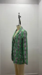 Green plaid blazer detail, notched lapel, slim fit casual suit jacket for women