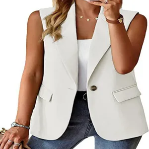 Ärmelloser Blazer Weste für Damen, lässige offene Business Arbeitskleidung Detailansicht.