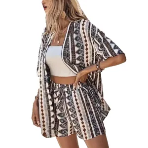 Böhmischer aztekischer Print zweiteiliges Set Kurzarm Cardigan und Shorts Damen Sommer