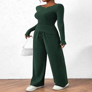 Dark green long sleeve asymmetric top and wide leg pants set for women, casual two-piece outfit.