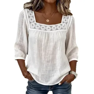 Women Summer Casual Square Neck Lace Patchwork 3/4 Sleeve Solid Cotton Linen Blouse Top