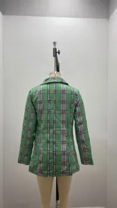 Green plaid blazer detail back view, stylish tailored suit jacket for women autumn fashion.
