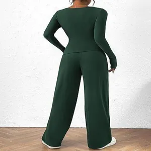 Detail view of dark green long sleeve top and wide leg pants set, showing back fit look.