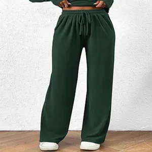 Women casual two piece set high waist wide leg pants solid color comfortable stylish outfit