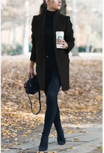 Herbst Winter einfarbiger Stehkragen Wollmantel Damen, elegante Mode Oberbekleidung Alltag.