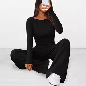 Stylish casual women black long sleeve top and loose wide leg trousers two piece set.