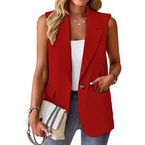 Damen Rot Ärmellos Blazer Weste Casual Offene Front Anzug Gilet Büro Dame Oberbekleidung