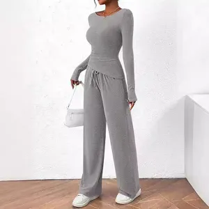 Grey casual two-piece lounge set with asymmetric long sleeve top and wide leg pants for women.
