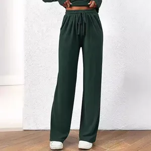 Women green wide-leg lounge pants two-piece set casual autumn long sleeve outfit
