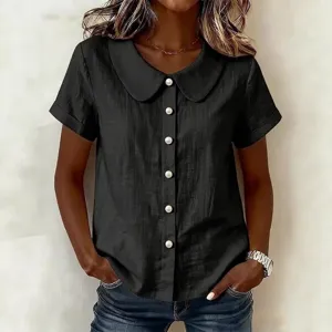 Women's solid color short sleeve casual loose Peter Pan collar blouse summer top