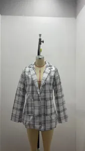Classic black and white plaid blazer detail, stylish lapel slim cardigan jacket for women.