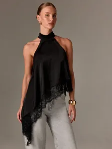 Sommer Mode Damen ärmelloses Satin Halfter Top mit Spitzen Patch Detail elegante Kleidung