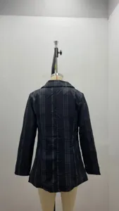 Women casual plaid blazer jacket long sleeve lapel slim fit outerwear detail view back side.