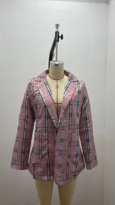 Pink plaid blazer detail, stylish lapel collar suit jacket for women autumn fashion.