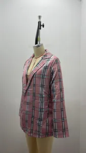 Women pink plaid blazer detail shot, casual lapel slim fit long sleeve suit jacket spring.
