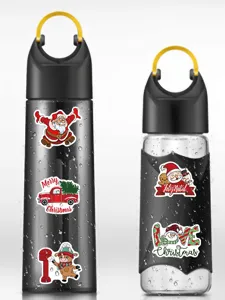 Christmas water bottle with festive holiday sticker details, featuring Santa Claus and greetings.