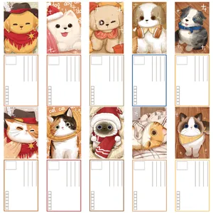 Cute cartoon pet postcards set featuring non-repeating cat and dog illustrations for greeting cards.