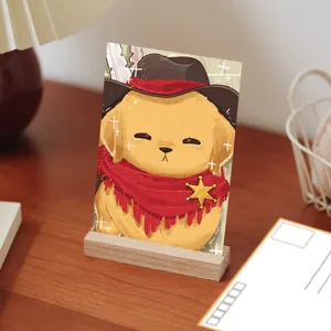 Cute puppy illustration postcard with wooden stand, creative pet greeting card decor.