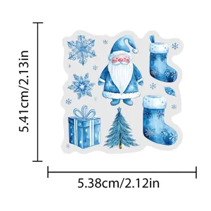 Blaue Aquarell Weihnachtsaufkleber mit Weihnachtsmann, Baum und Geschenk für Feiertage.