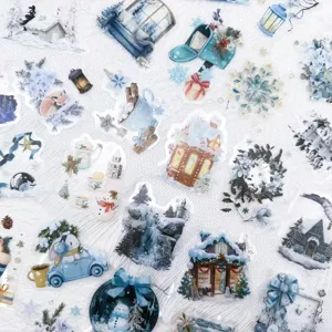 50 Stk. winterliche blaue Aquarell PET Aufkleber fuer Wasserflasche Laptop Handy