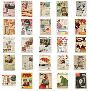 Detailed view of vintage retro magazine and newspaper stickers for journaling and luggage decor.