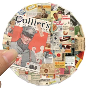 Retro vintage magazine newspaper stickers detail view, aesthetic journal laptop decal pack.