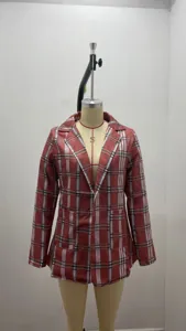 Women casual red plaid lapel blazer detail shot, slim fit long sleeve jacket for daily wear.