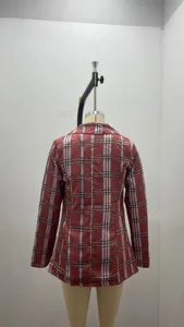 Women's red plaid casual blazer lapel slim cardigan jacket spring autumn detail view