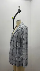 Women grey black plaid casual blazer jacket detail, stylish lapel long sleeve outerwear.