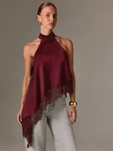 Damen Sommer Satin Halfter Top mit asymmetrischem Spitzensaum, elegantes Aermellos Detail.