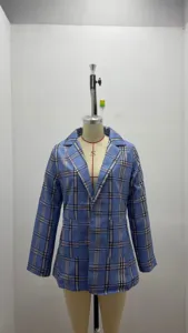 Women casual blue plaid blazer lapel slim fit cardigan suit jacket spring autumn fashion outerwear