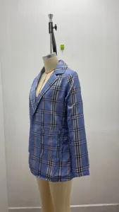 Women's blue plaid blazer casual slim fit lapel long sleeve suit jacket outerwear spring
