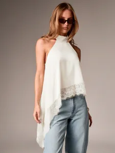 Damen weißer Satin Halter Top ärmellos Spitzen Saum asymmetrisch Sommer elegante Bluse