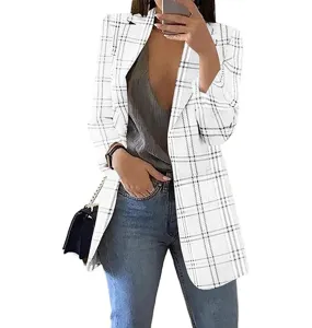 Detailed view of women's white plaid casual blazer, slim fit open front design for daily wear