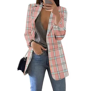 Women's pink plaid casual blazer jacket, stylish long sleeve lapel open front outerwear detail view.
