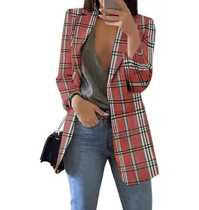 Women's plaid casual blazer open front lapel slim suit jacket for spring autumn fashion