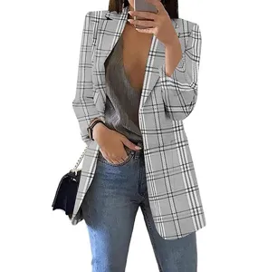 Women's casual grey plaid blazer jacket, elegant lapel slim fit long sleeve coat for spring.