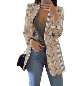 Women's plaid casual blazer stylish lapel slim fit cardigan jacket for spring autumn fashion