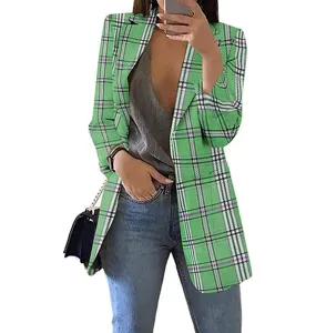 Green plaid blazer for women, casual long sleeve lapel slim fit open front suit jacket.