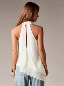 Damen Sommer casual ärmellos Satin Halter Top mit eleganter Spitze Saum rückenfreies Design.