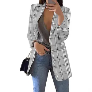 Women stylish plaid blazer casual long sleeve suit jacket open front lapel outer coat.