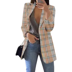 Women plaid casual blazer jacket long sleeve open front lapel coat chic outerwear