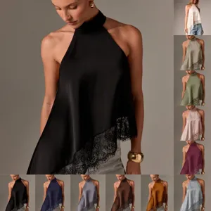 Damen Sommer Mode Ärmellos Satin Halter Top Gesteppte Spitze Kante Lässig Sexy Elegantes Tank Top