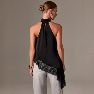 Damen Sommer schwarzes Satin Halfter Oberteil mit Spitzenbesatz ärmellose elegante Bluse.