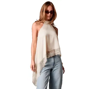 Damen Sommer Mode ärmelloses Satin Halter Top mit asymmetrischem Spitzenbesatz und Design.