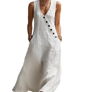 Casual white sleeveless V-neck long dress with stylish side button details for summer wear.