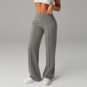 Elegante pantaloni casual da donna a vita alta gamba larga con pieghe e tessuto elastico.