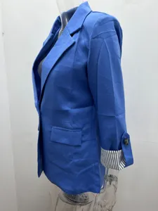 Blue casual women's blazer jacket featuring a slim fit, lapel collar, and roll-up striped sleeves.