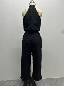 Women Black Halter Neck Sleeveless Wide Leg Jumpsuit Casual Boho Vacation Long Pants