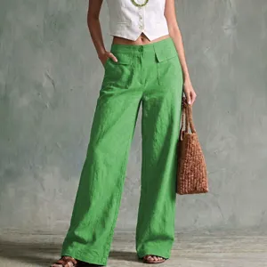 Damen einfarbig baumwolle leinen lose freizeit weites bein lange hose sommer mode kleidung